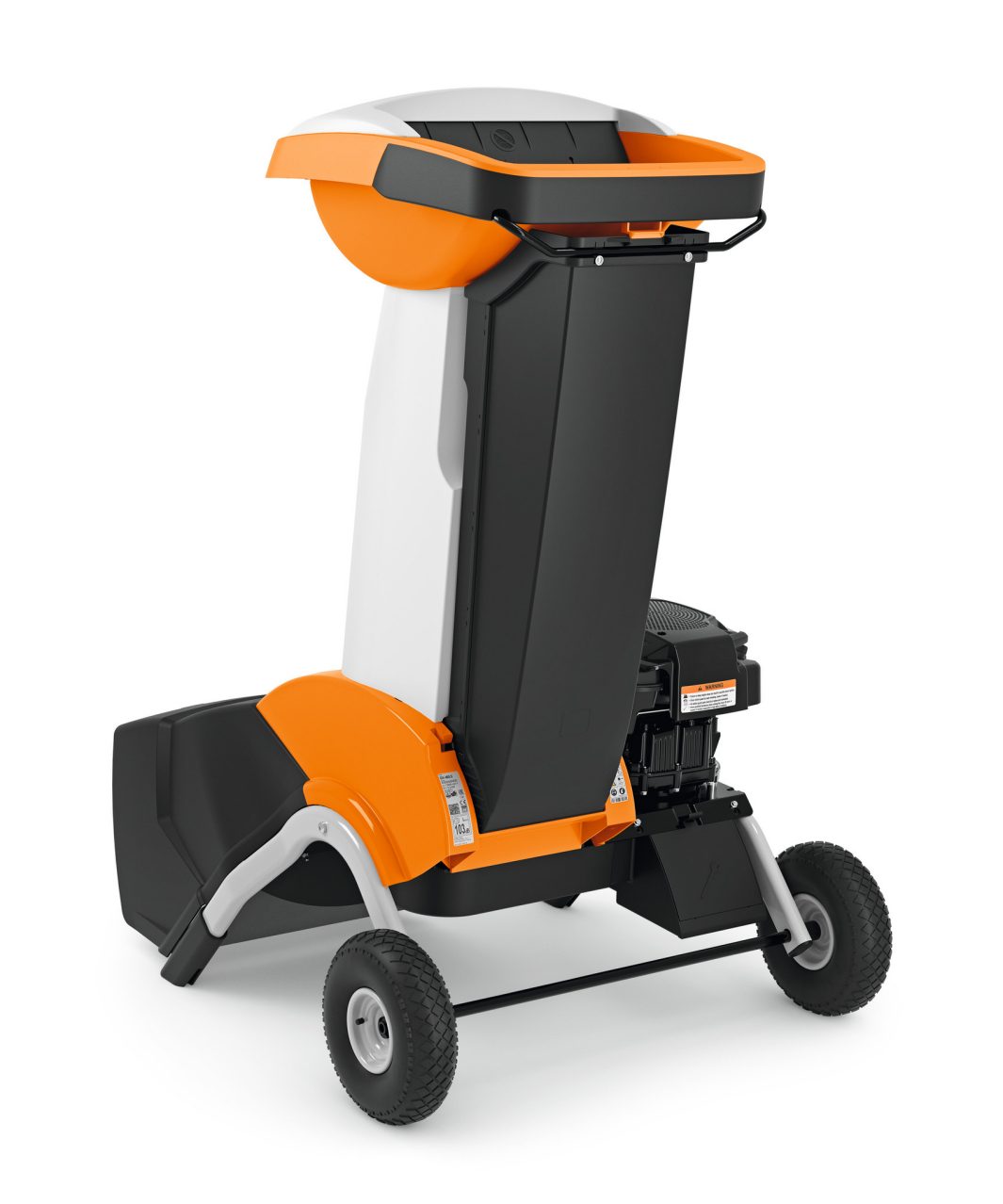 The Stihl GH 460.0 Shredder features an orange, black, and white casing, two wheels for mobility, and a visible lower motor.
