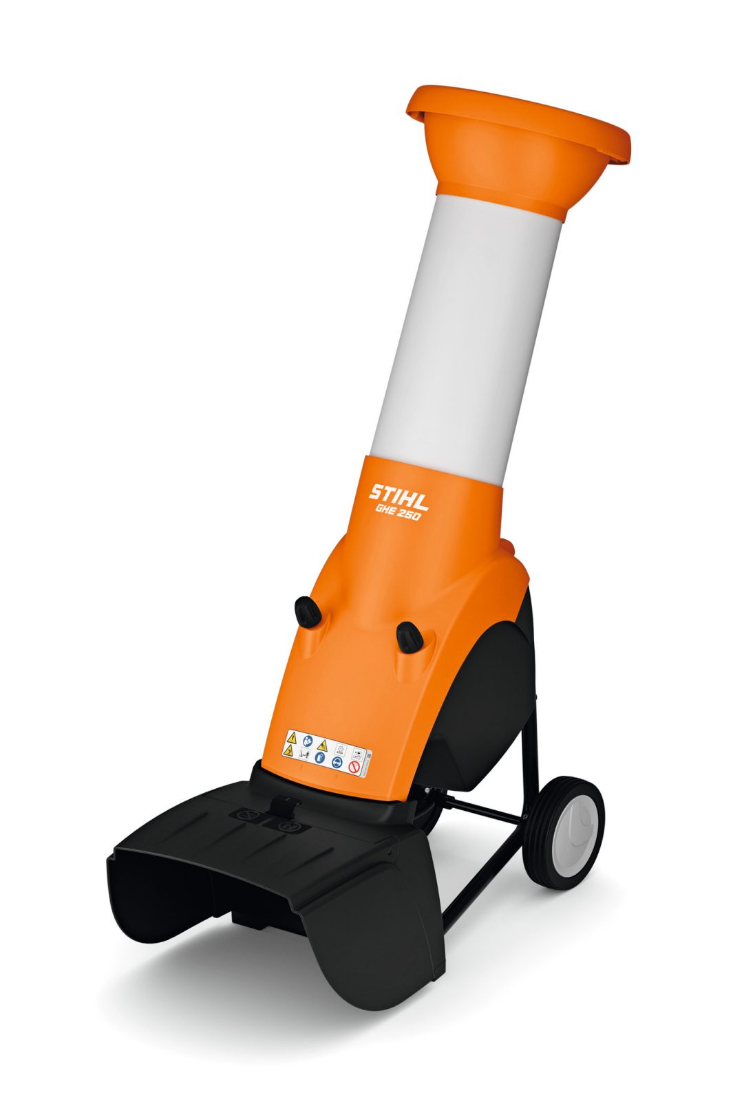 The Stihl GHE 250.0 (GB) Shredder is an orange and white garden shredder with wheels, funnel-shaped chute, and black base.