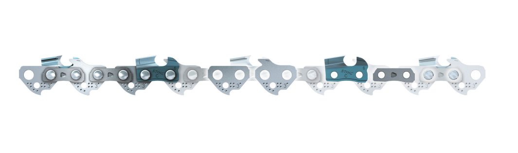 A close-up of a silver and blue metallic mechanical chain with distinct, connected links lined up on a white background.