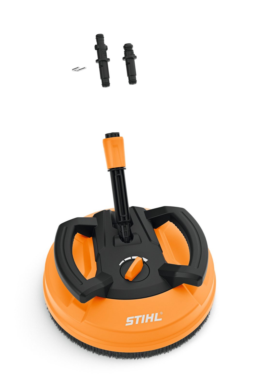 An orange and black STIHL surface cleaner attachment with a round base, two black handles, and two nozzle attachments above it on white.