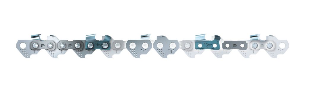 Close-up view of a metal chainsaw chain section with sharp cutting teeth and holes, lined up straight on a white background.