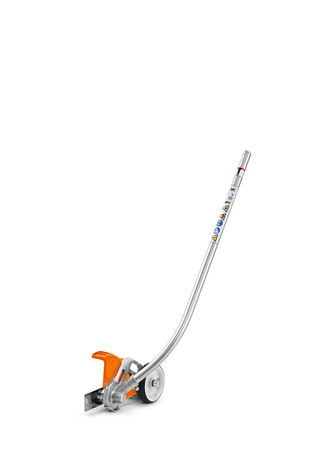 A silver metal tool with a long curved handle, two wheels, and an orange plastic part at the base, on a plain white background.