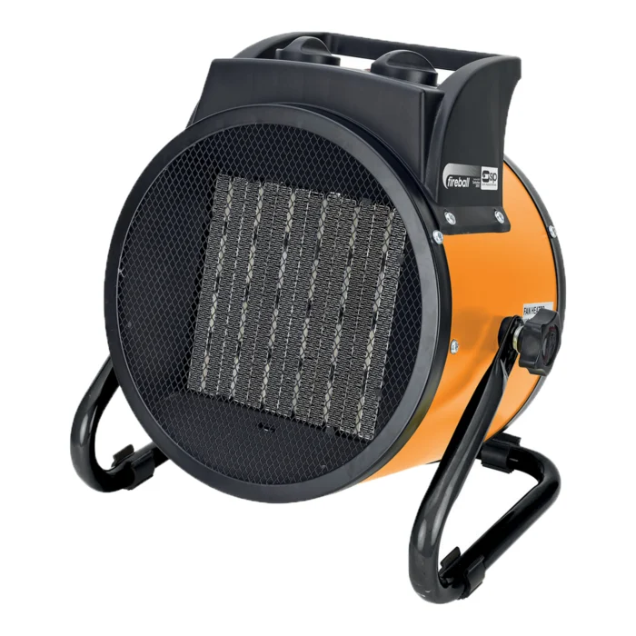 A portable electric fan heater with a cylindrical orange and black body, black mesh front, adjustable knob, and metal stand.