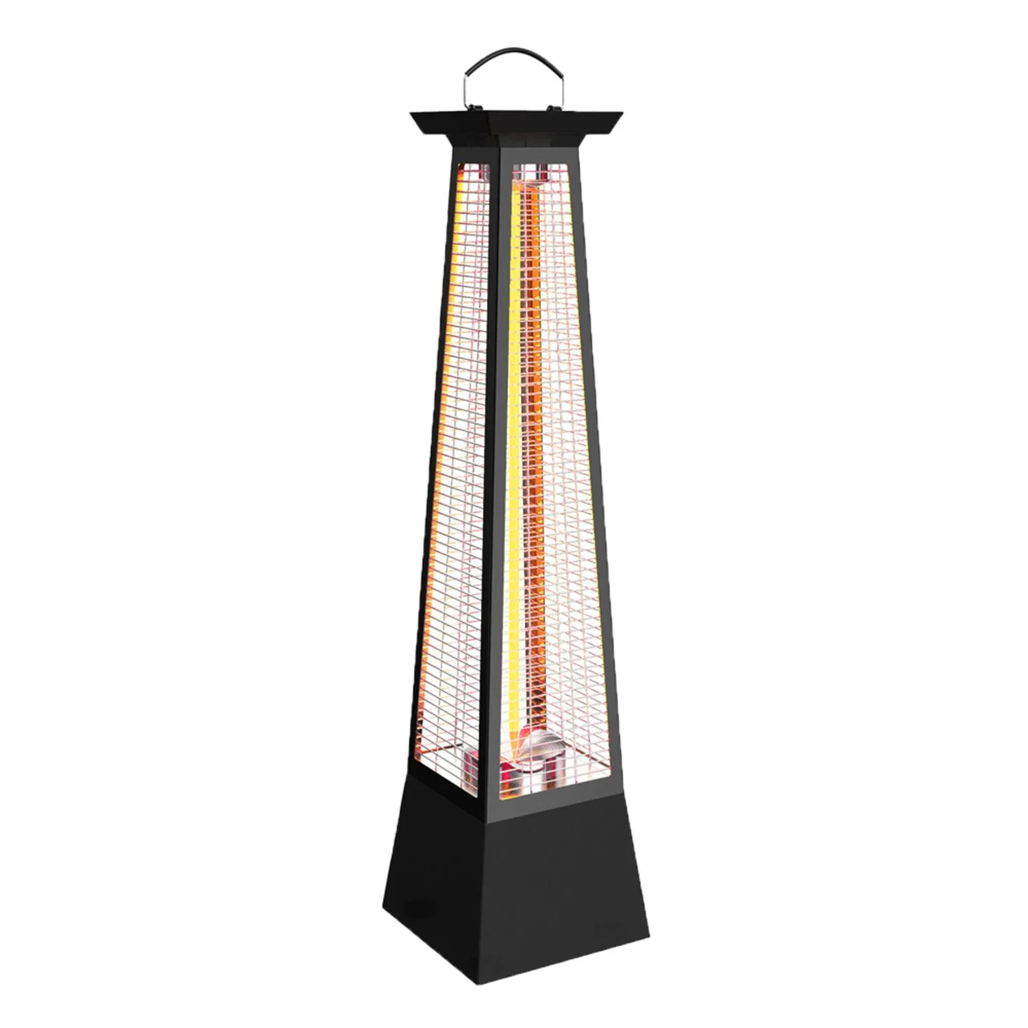 A tall, black, pyramid-shaped outdoor patio heater features a protective metal grille and visible orange flames glowing inside.