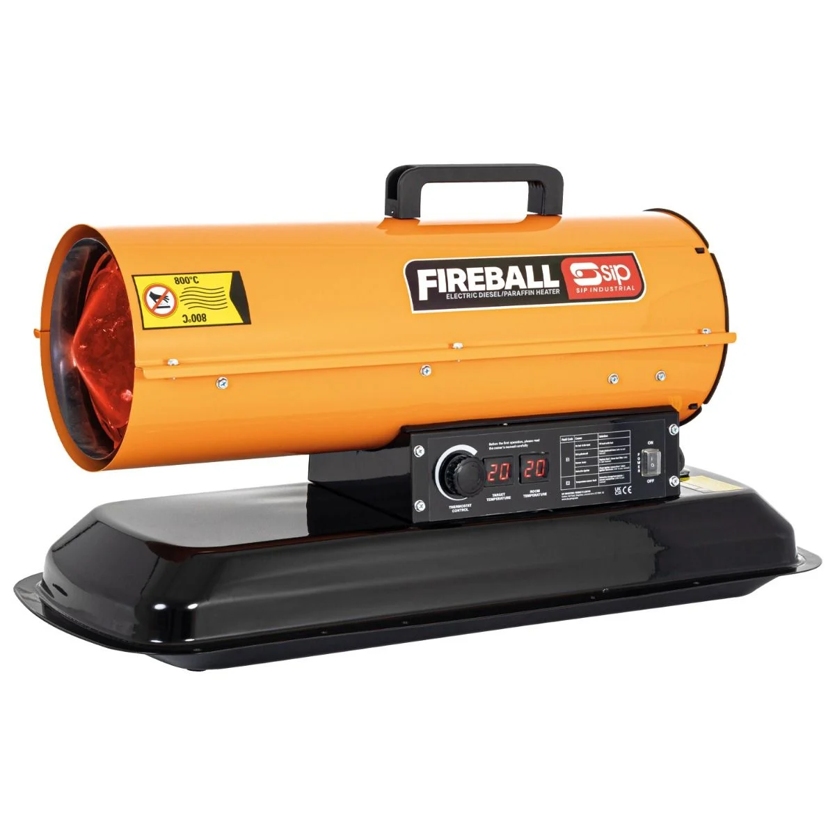 An orange and black portable electric fan heater with a handle on top, control panel, digital display, and a warning label.