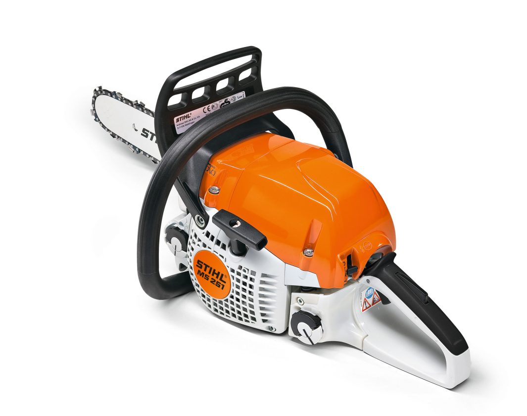 A Stihl MS 261 chainsaw with an orange and white body, black handle, and silver cutting chain on a white background.