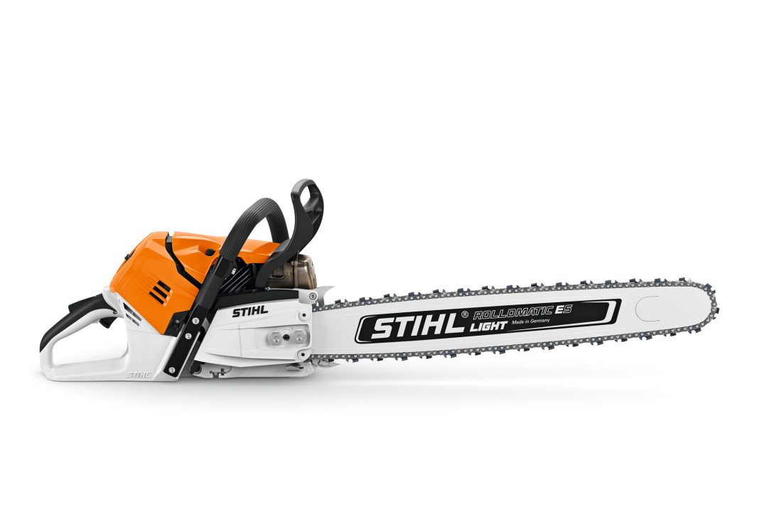 A Stihl chainsaw with an orange and white body and a long silver guide bar, shown on a white background.