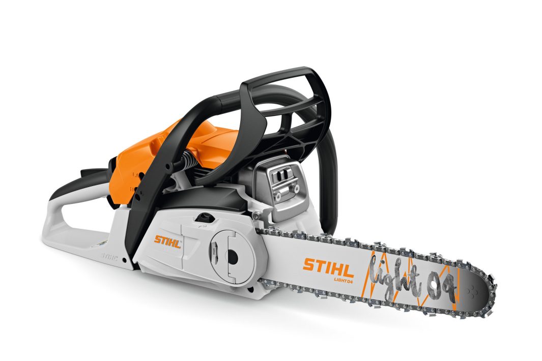 A STIHL chainsaw with an orange and grey body, a black handle, and a silver blade. The brand name appears on the body and blade.