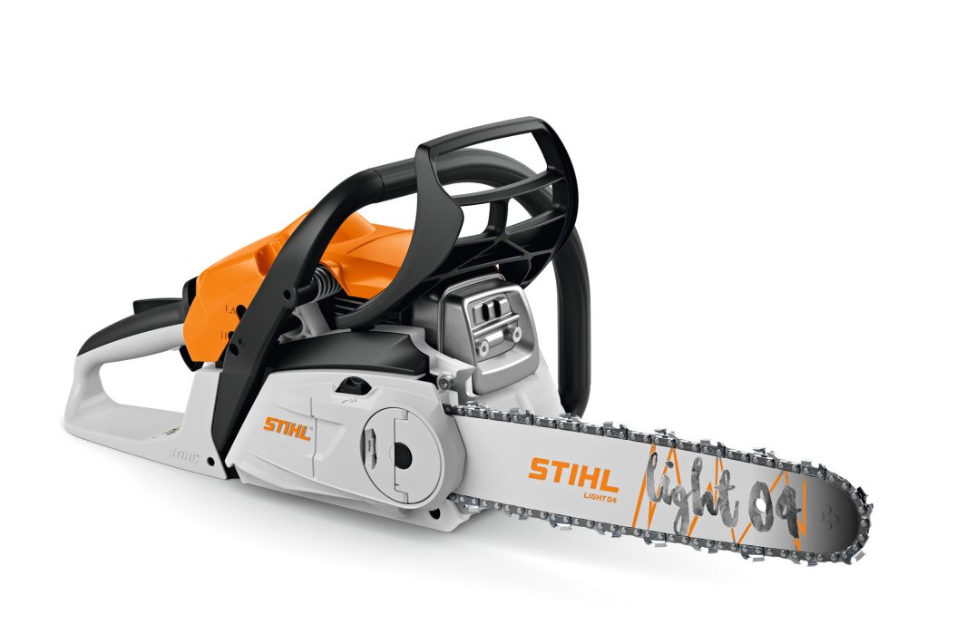 A Stihl chainsaw with an orange and grey body, black handle, and silver blade on a white background.