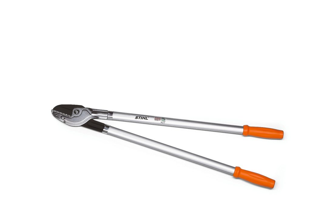 A pair of silver STIHL loppers with orange handles, designed for cutting branches, displayed on a white background.