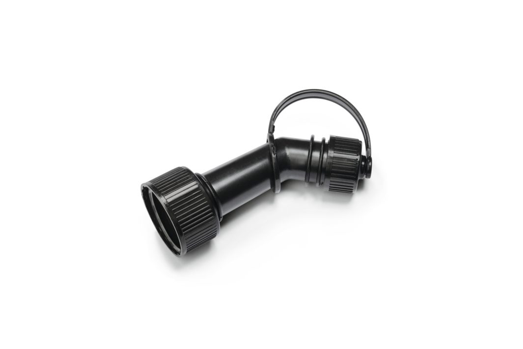 A black plastic hose connector with threaded ends and a hinged cap, displayed against a plain white background.