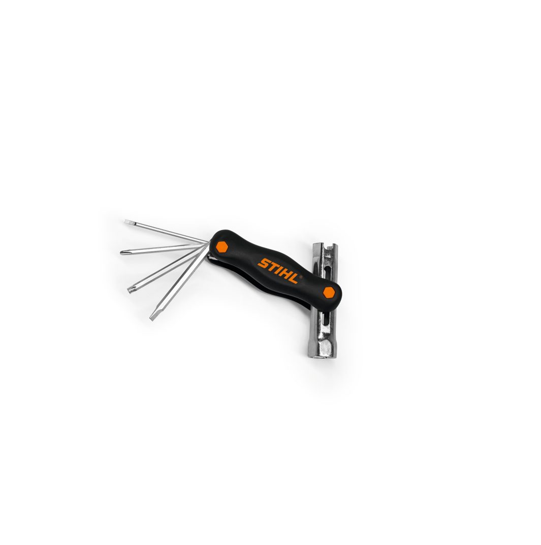 A black and orange STIHL multi-tool with various screwdrivers and tools extended is displayed against a white background.
