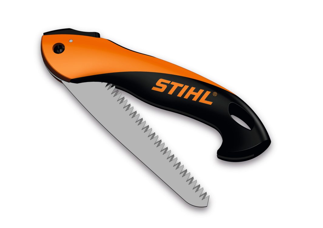 A folding hand saw with an orange and black handle and a partially extended serrated blade, shown against a white background.