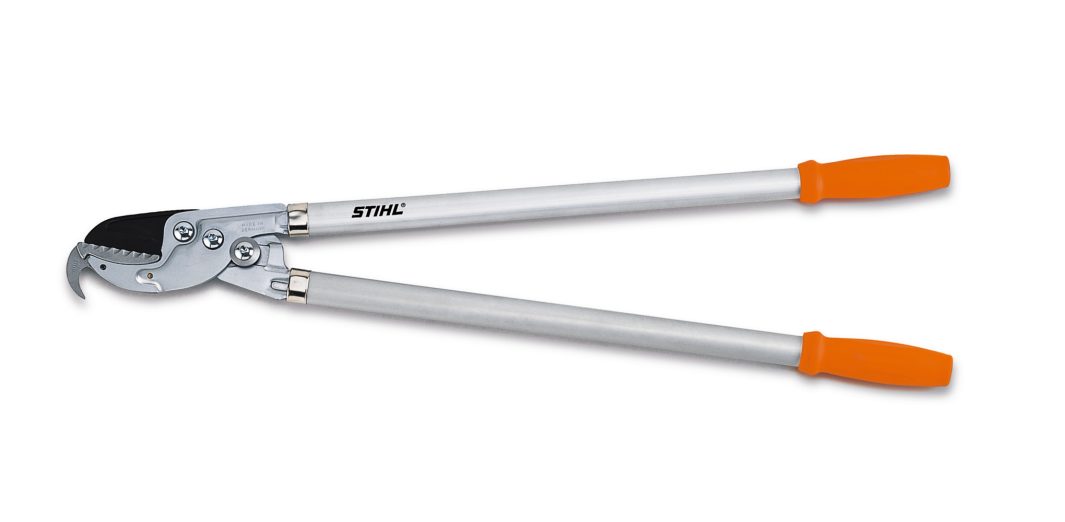 A pair of long-handled loppers with orange grips and a black cutting blade, designed for pruning branches.