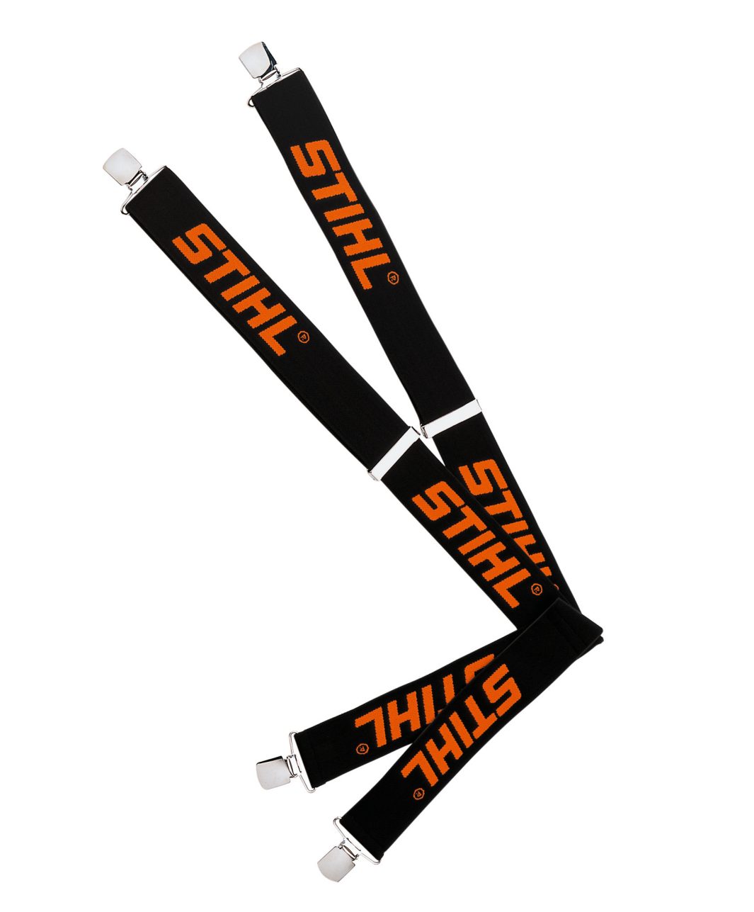 Black braces with orange lettering repeated on each strap, featuring metal clips at the ends for attaching to clothing.