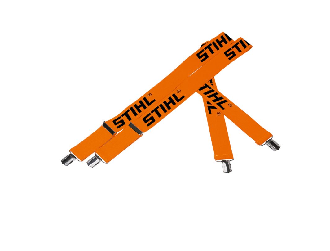 Two orange braces in a criss-cross pattern on a white background, each with metal clips at the ends.