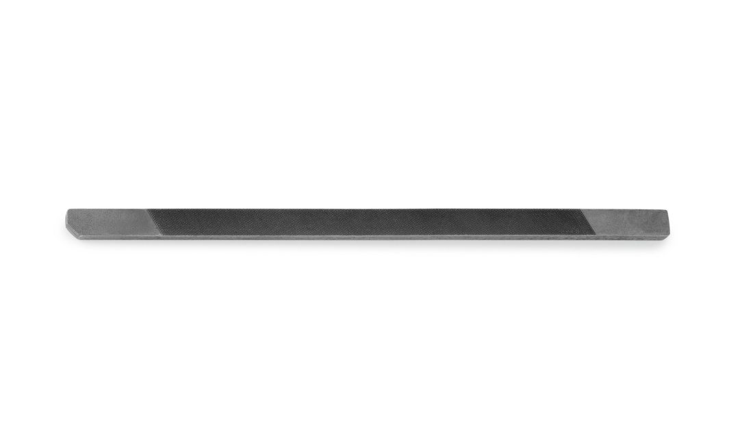 A flat, rectangular metal bar with smooth surfaces and chamfered edges, placed horizontally on a white background.