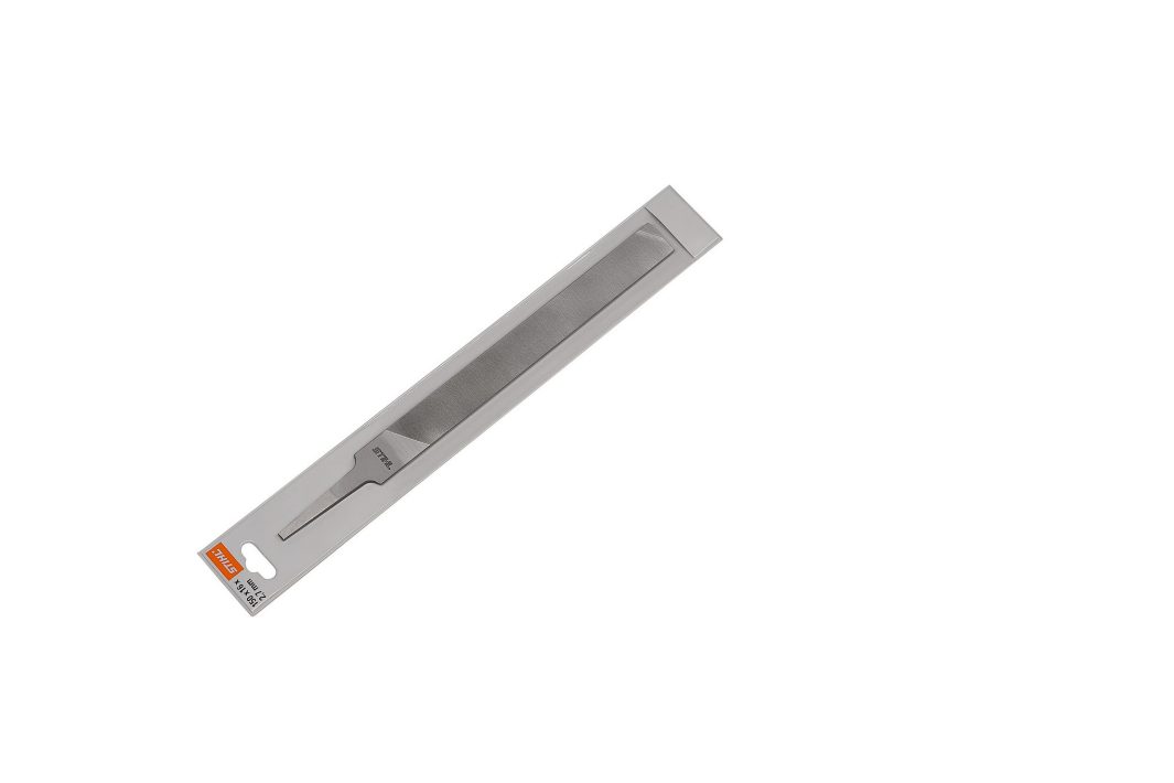 A metal hand file in grey packaging is displayed diagonally on a white background. The packaging has a small orange label.