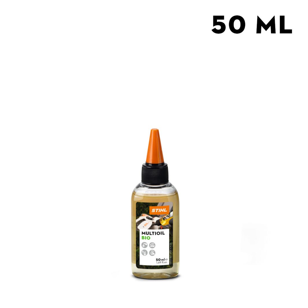 A 50 ml bottle of STIHL Multioil Bio with an orange nozzle cap on a white background. The label is partially visible.