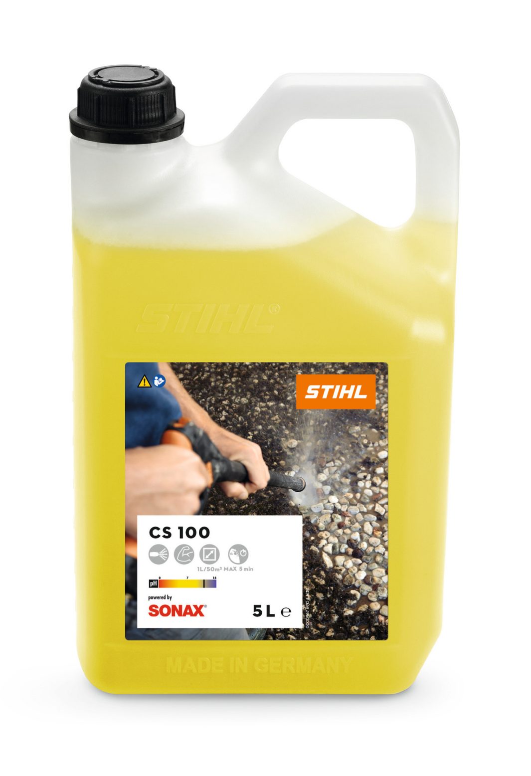 A 5-litre translucent plastic container of STIHL CS 100 cleaner with yellow liquid and a label showing the STIHL logo and a person spraying.