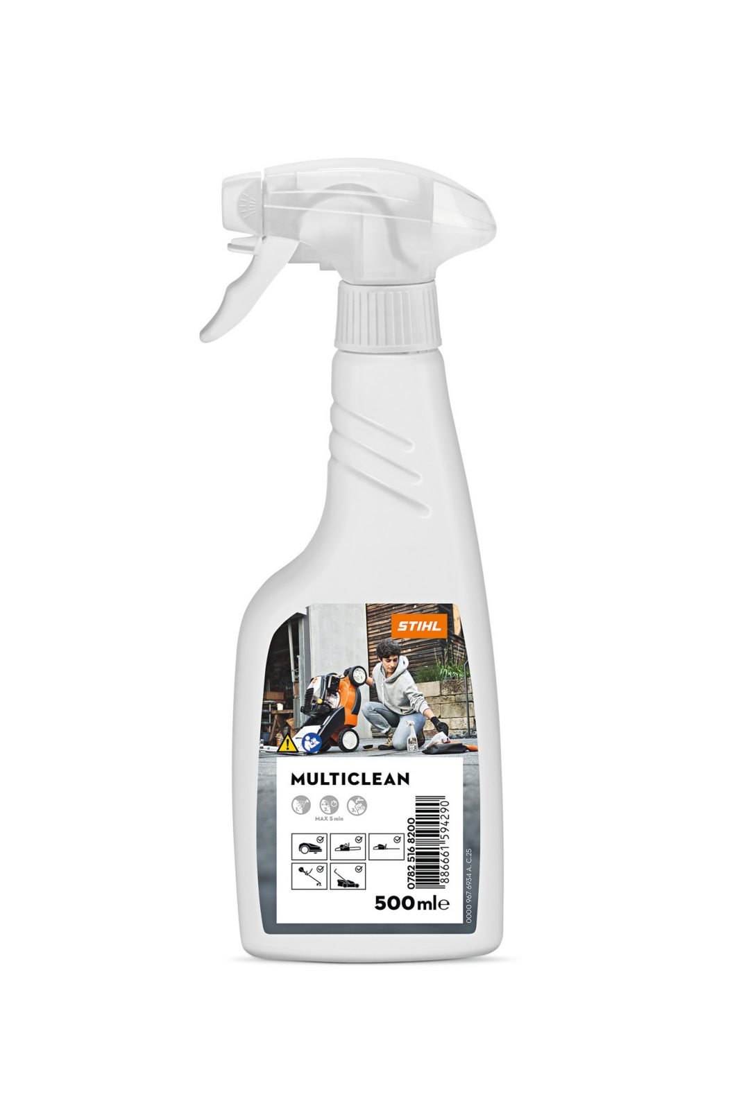 A white spray bottle with STIHL MULTICLEAN branding, 500ml size, icons for cleaning uses, and a person cleaning equipment on the label.
