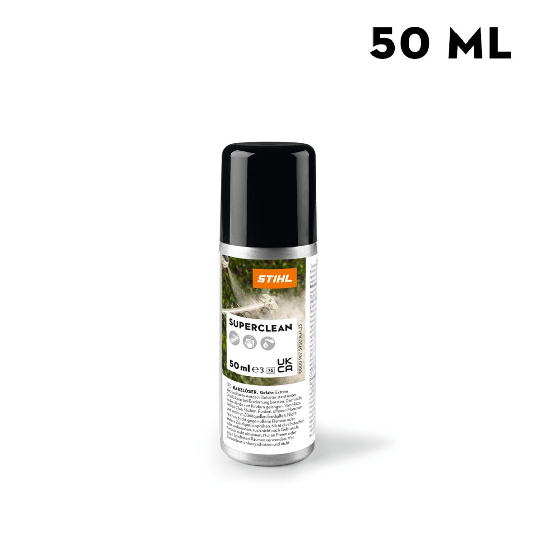 A 50 ml tin of STIHL Superclean spray with a black cap is displayed against a white background.