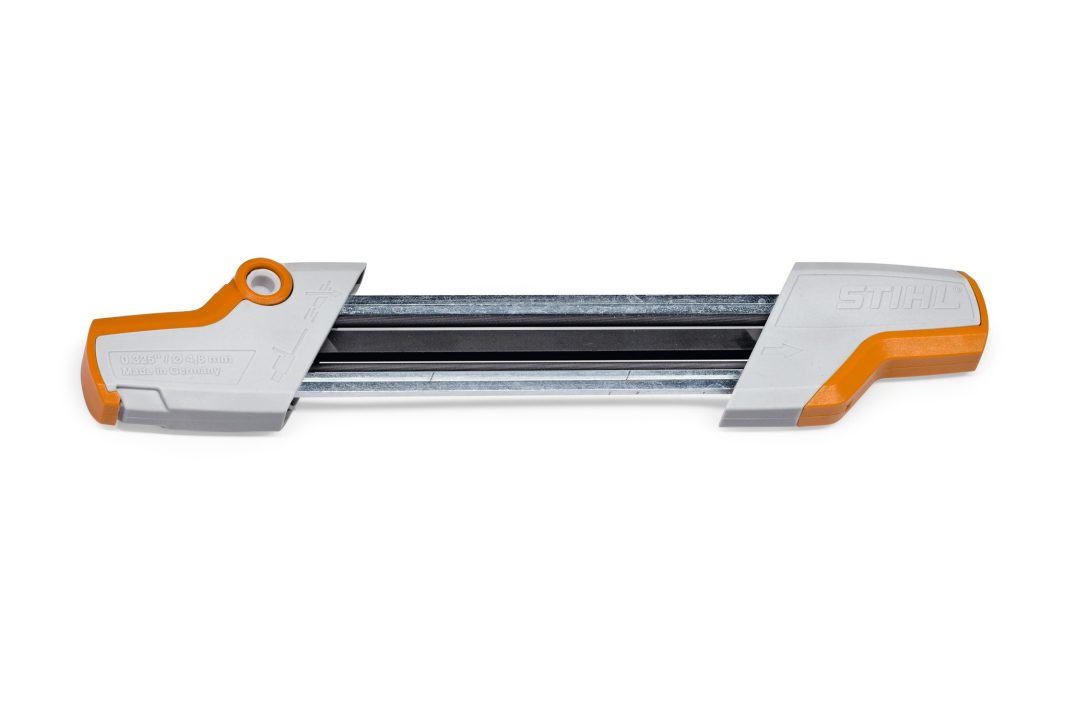 A STIHL chainsaw sharpening tool featuring a grey and orange plastic handle and two metal guide rods for sharpening chainsaw chains.