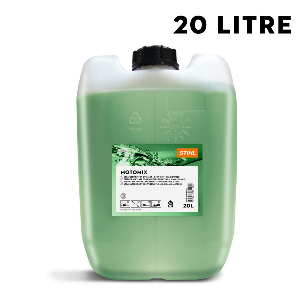 A 20-litre translucent plastic STIHL Motomix fuel container with black cap, green liquid inside, and a labelled front.