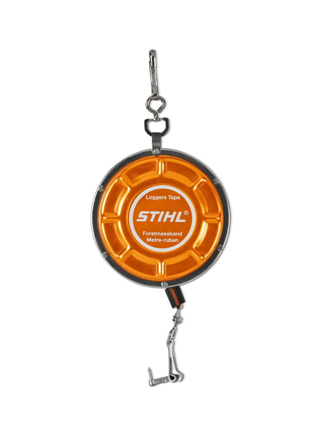 An orange and silver STIHL loggers’ tape with metal clips on both ends, used for measuring distances in forestry.