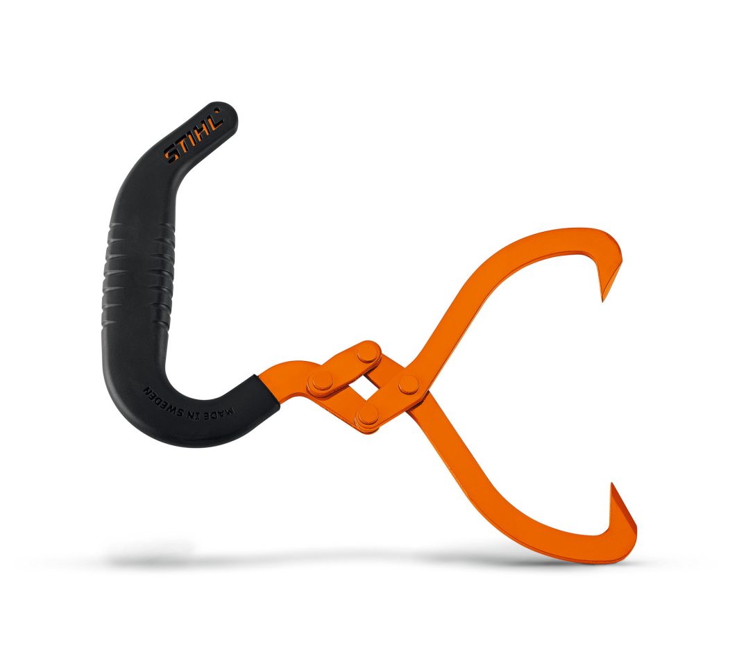 Orange and black forestry log lifting tongs with a curved handle and two sharp, pointed pincers, shown on a white background.