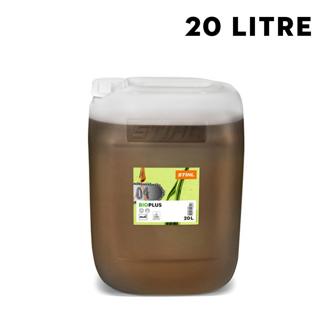 A 20l translucent Stihl BIOPLUS chain oil container with a white cap and label is shown on a plain white background.
