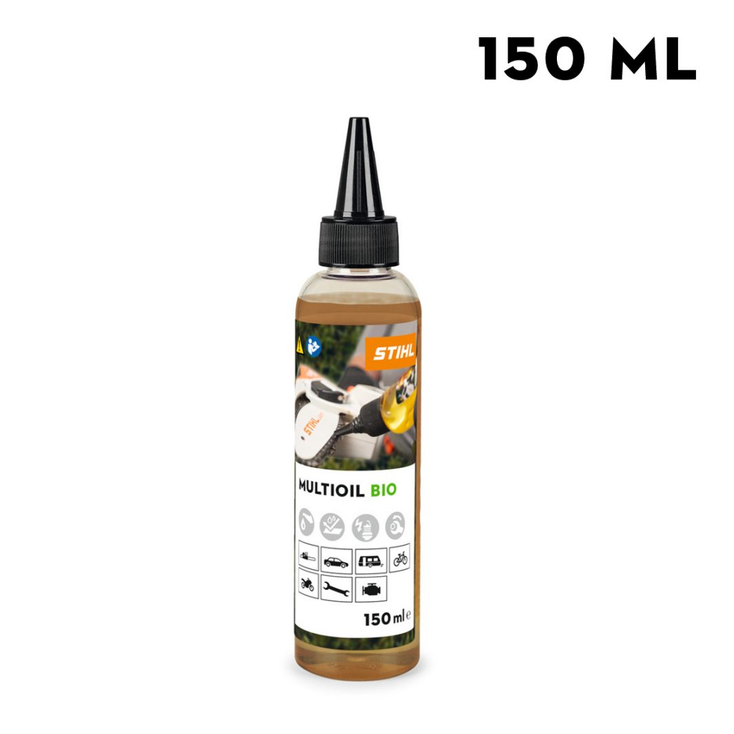 A 150 ml bottle of STIHL MultiOil Bio with a black cap and nozzle. The label shows multiple tools, indicating multipurpose use.