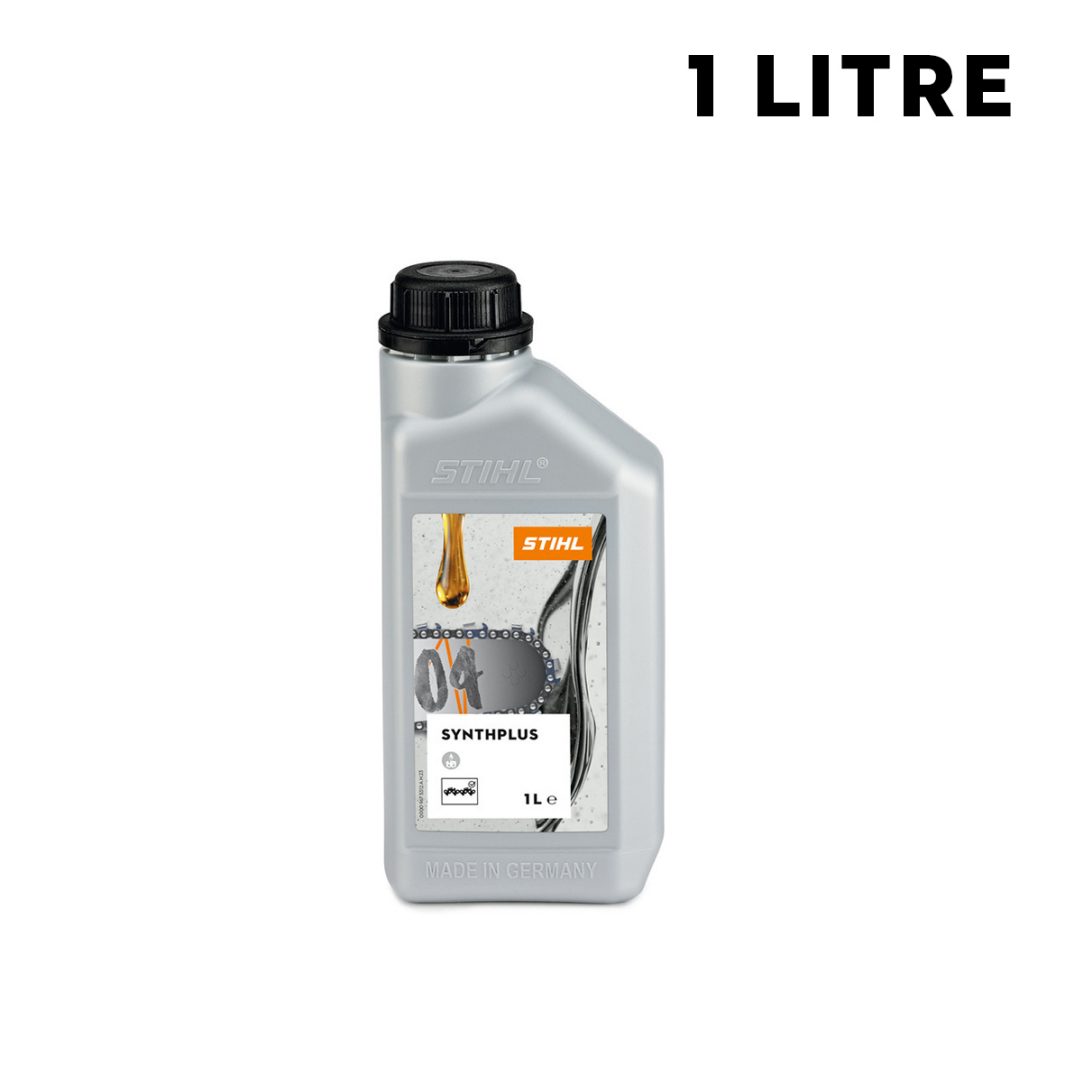 A 1-litre grey bottle of STIHL SynthPlus chain oil with a black cap and a label showing a chainsaw chain and oil droplet.