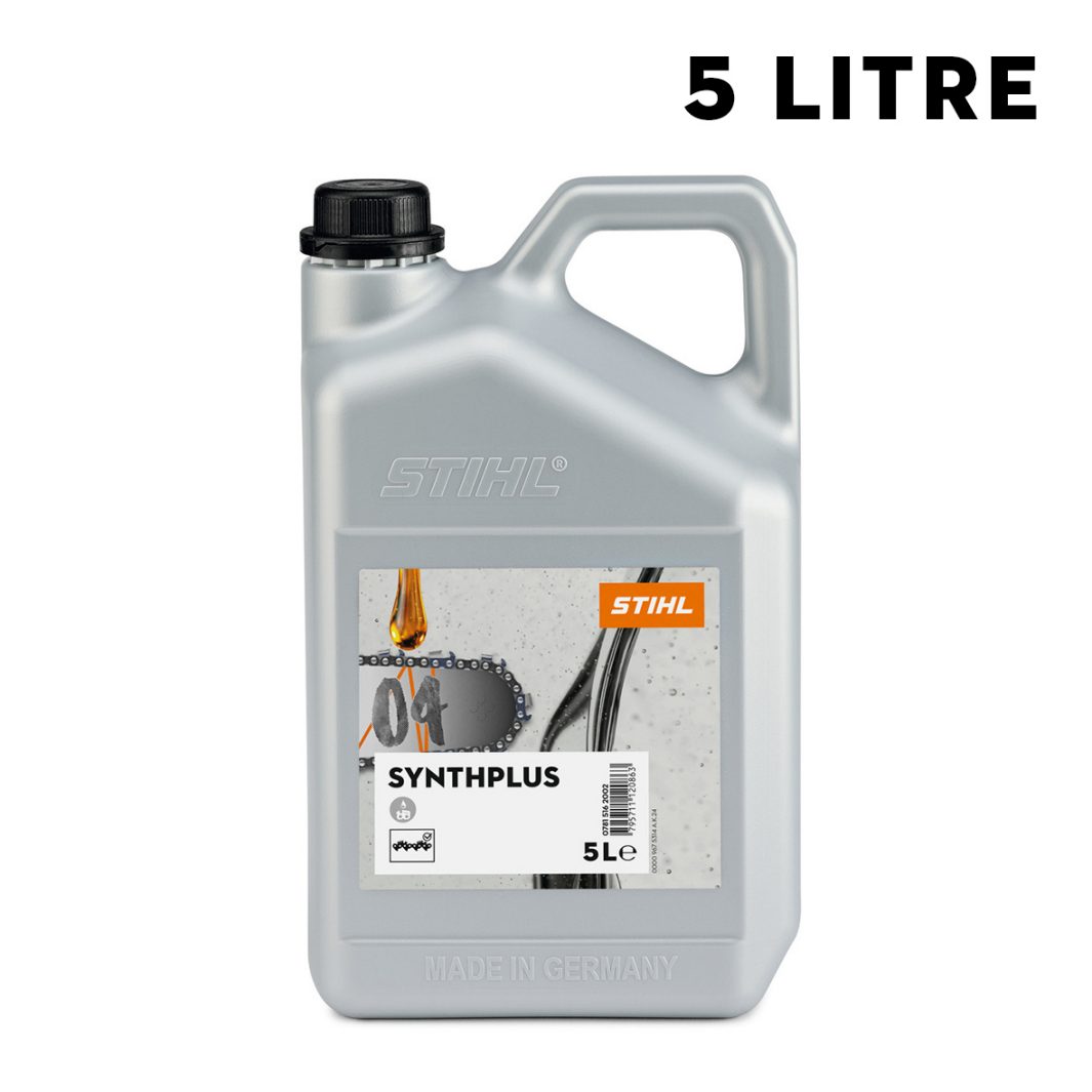 A 5-litre container of STIHL SynthPlus oil with a black screw cap, grey handle, and a label showing the STIHL logo and a chainsaw chain.