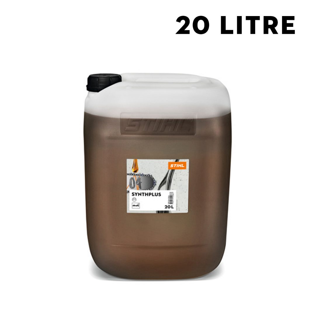 A 20-litre container of STIHL SynthPlus oil with a black cap, translucent brown body, and a branded product label.
