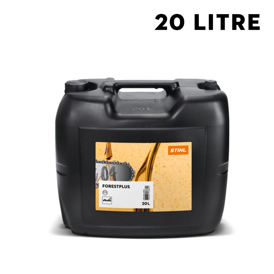 A black 20-litre STIHL ForestPlus chain oil container with handle, spout, and label featuring the STIHL logo and chainsaw chain graphic.