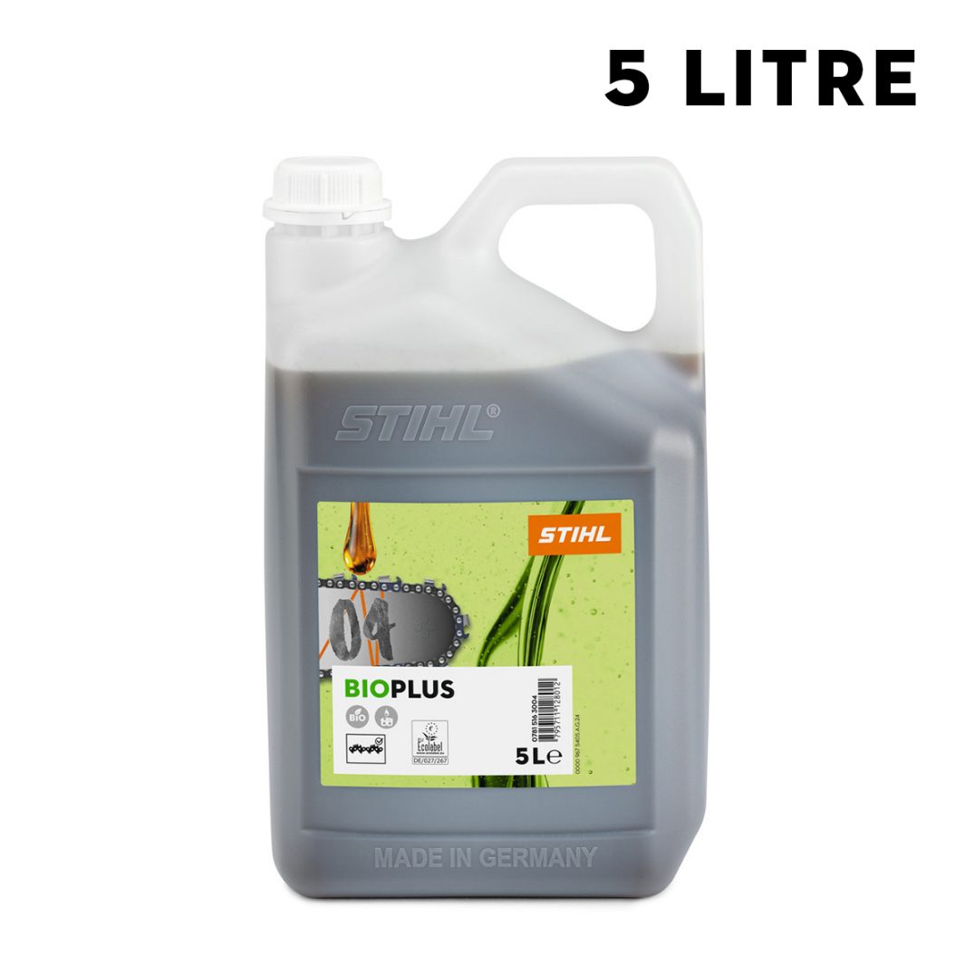A 5-litre STIHL BioPlus chain oil container with a green label, black screw cap, and handle; biodegradable and for chainsaws.