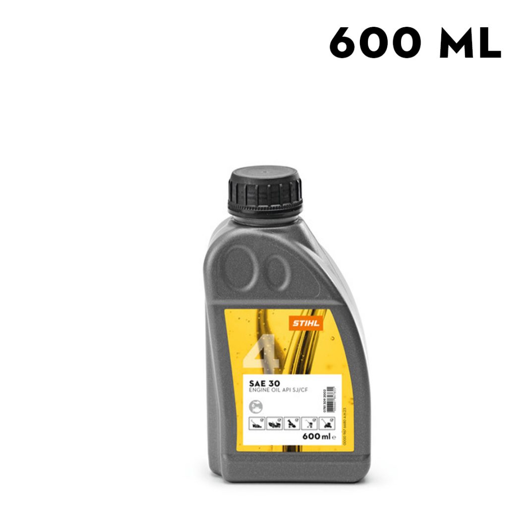 A 600 ml bottle of STIHL SAE 30 engine oil with a black cap and yellow label, positioned against a white background.
