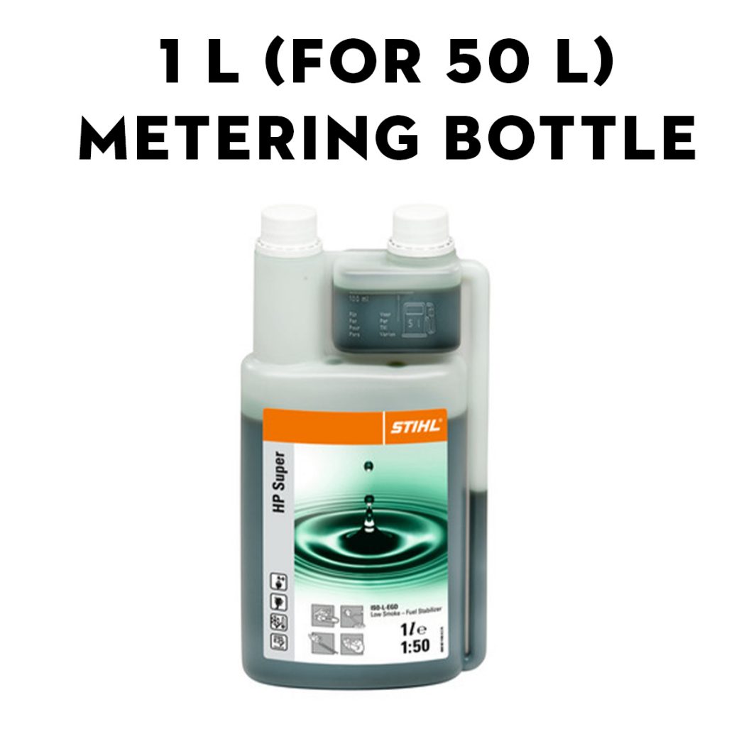 A 1-litre STIHL HP Super metering bottle with green liquid, labelled for mixing 50 litres at a 1:50 ratio. The bottle has two caps and measurement marks.