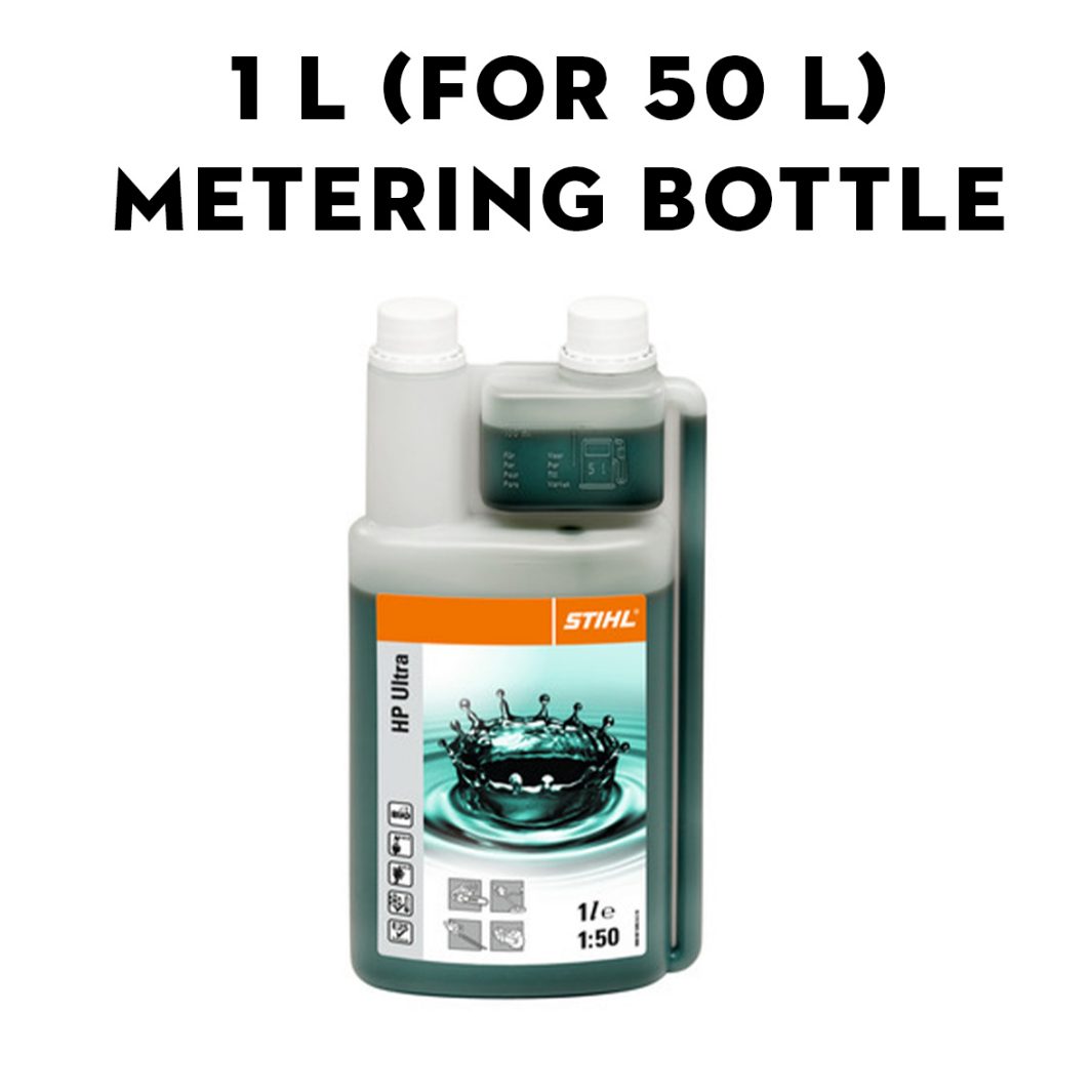 A 1-litre Stihl HP Ultra metering bottle with dual chambers and a label featuring a water splash, used for oil-fuel mixing.