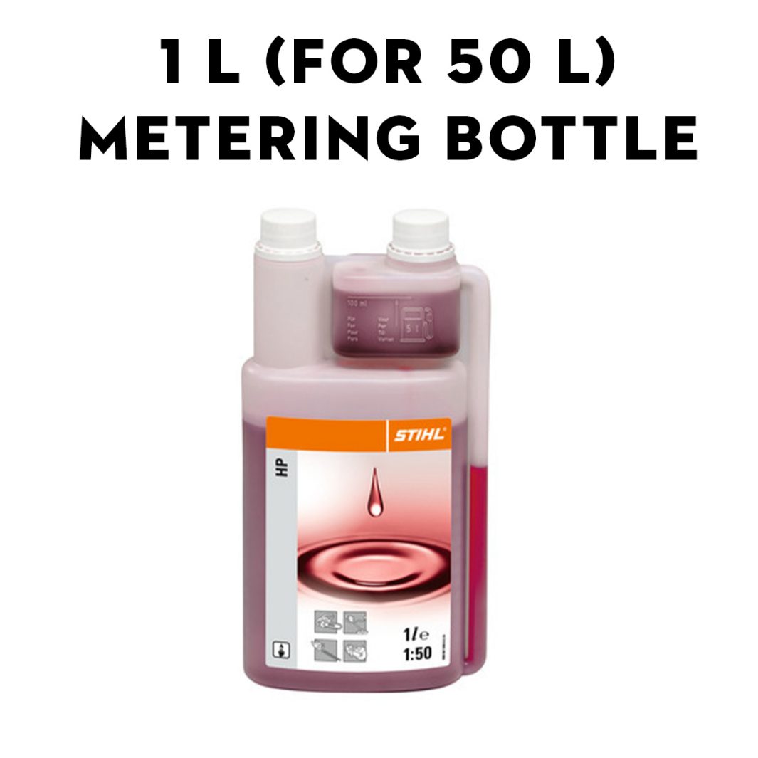 A 1-litre Stihl metering bottle of HP oil with measurement markings and a label featuring a red liquid drop.