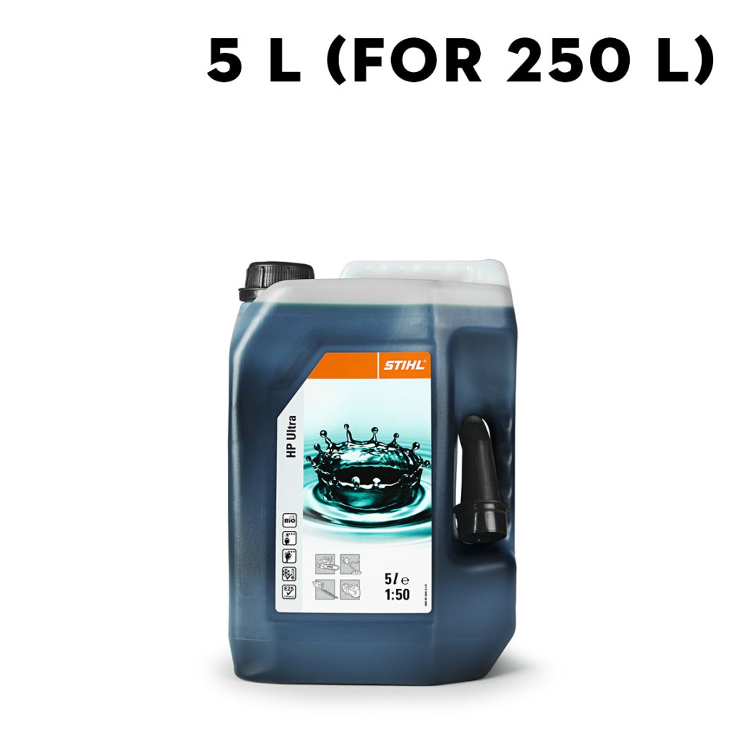 A 5-litre STIHL HP Ultra oil container with a label showing a water splash, instructions, and a mixing ratio of 1:50. Black handle and cap.