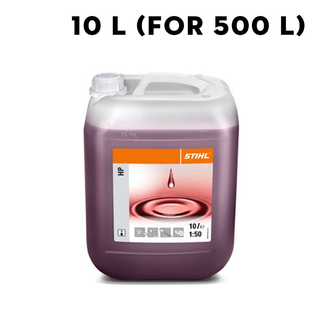 A 10-litre container of STIHL HP engine oil with a red droplet label and product details, set against a white background.