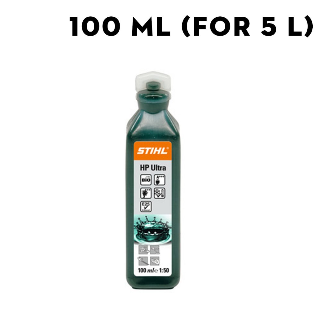 A 100 ml clear bottle of STIHL HP Ultra oil with green liquid and an orange label showing mixing instructions and compatibility icons.