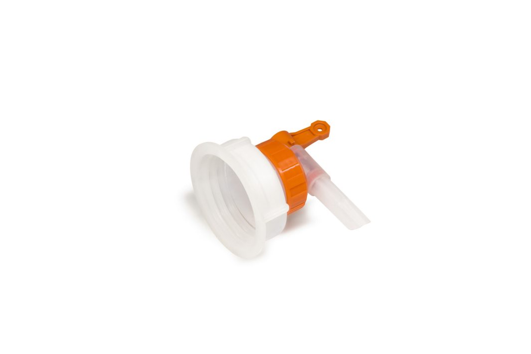 A plastic tap with a white threaded base and an orange lever, designed for dispensing liquids from a container.