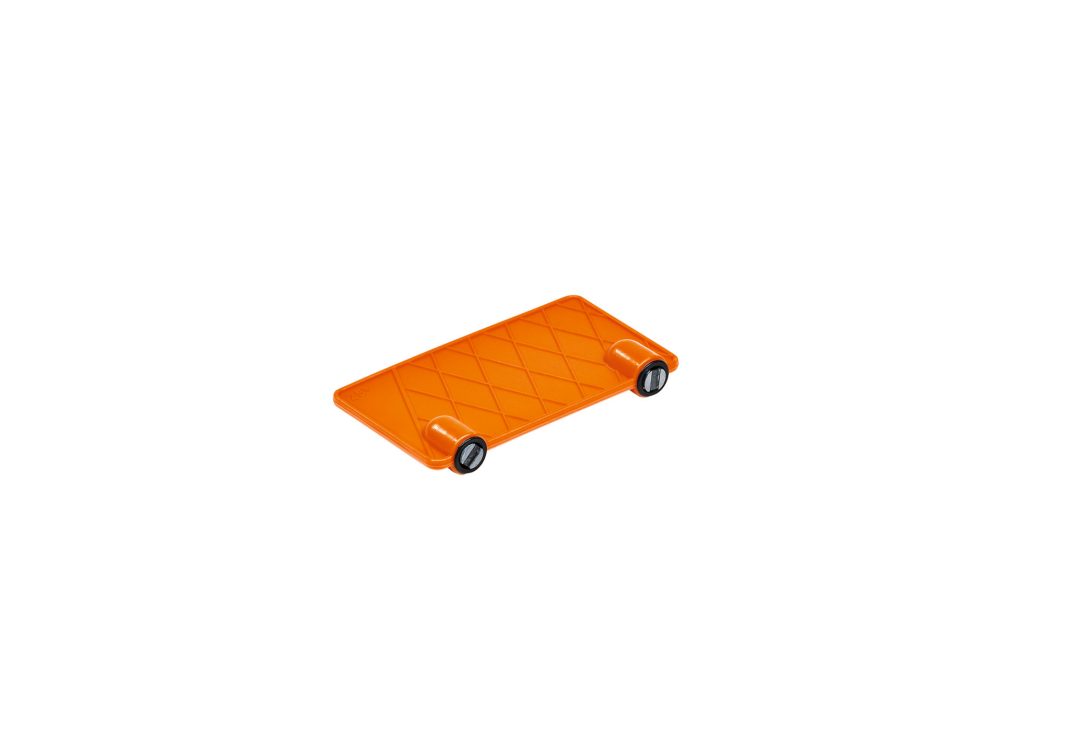 An orange rectangular platform with a diamond pattern and two small black wheels on one end sits against a white background.
