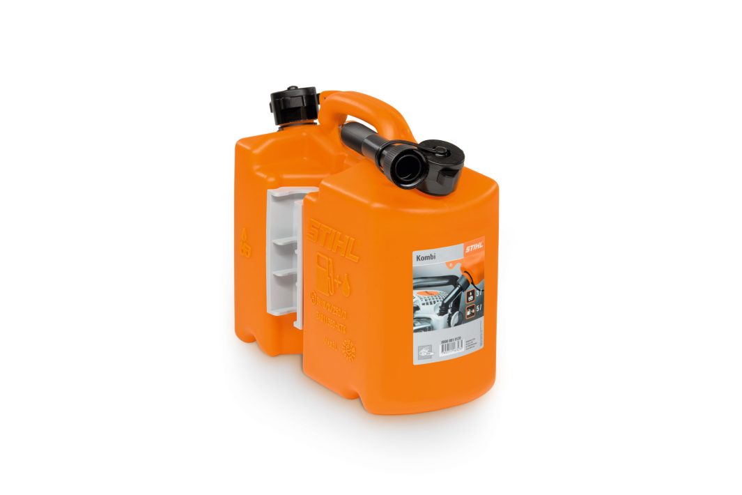 An orange double canister with black caps, designed for holding and pouring petrol and oil, featuring a label with safety instructions.