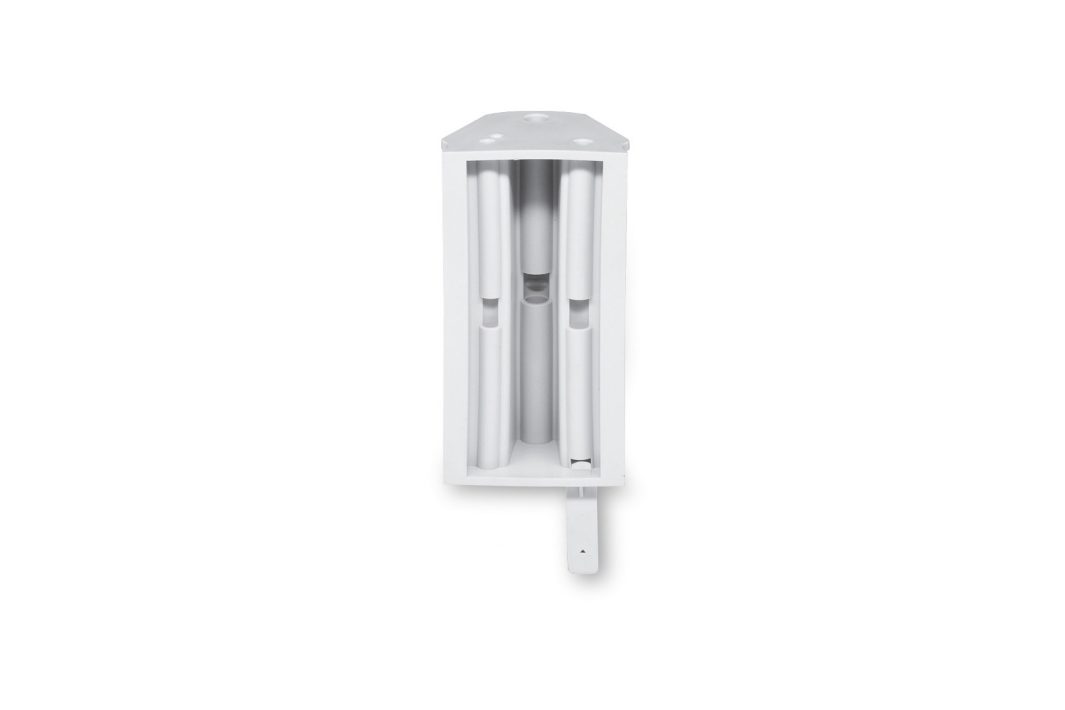 A white, rectangular metal bracket with a hollow centre and rounded edges, upright on a plain background, featuring internal supports and a flat tab at the bottom.