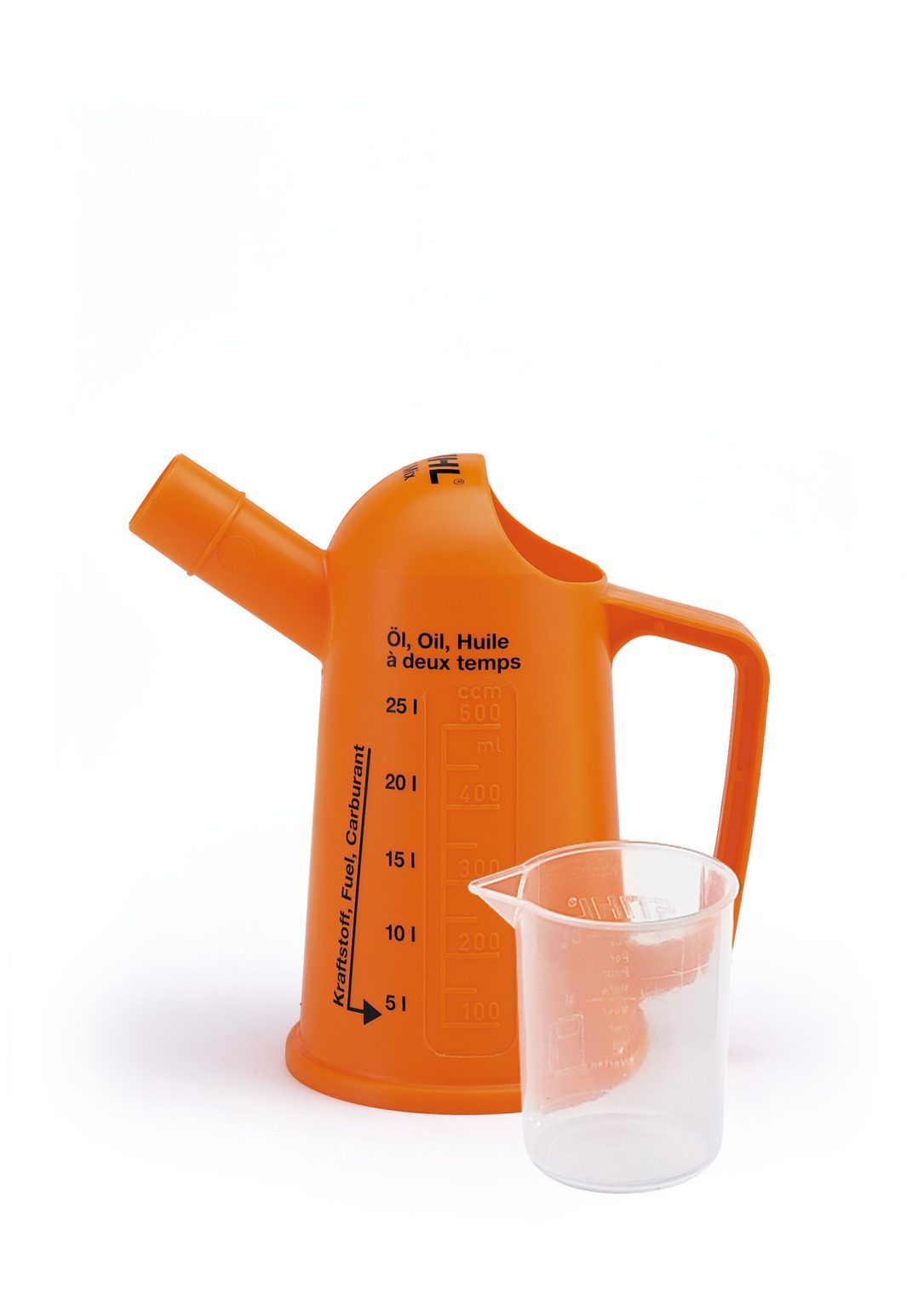 An orange plastic fuel measuring jug with a spout and handle, next to a small transparent measuring cup on a white background.