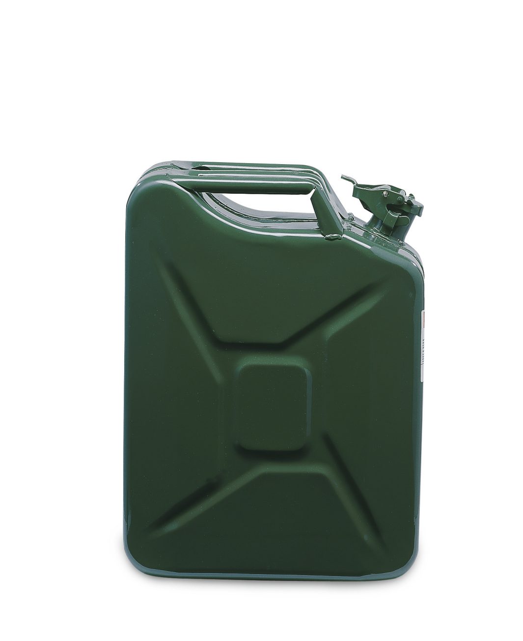 A green metal jerrycan with a handle and spout, used for storing and transporting petrol, on a plain white background.